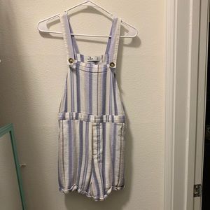 Purple, White, and Yellow Striped Short Overalls